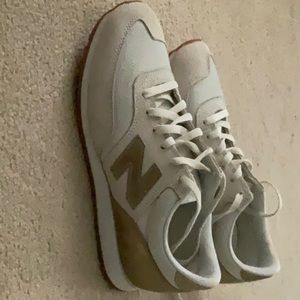 New Balance, size 9, white and tan with gold on heel.